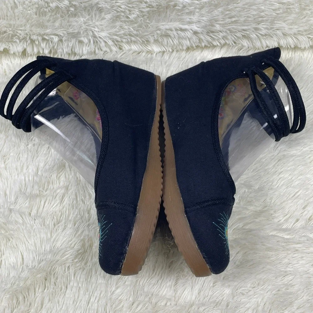 Unbranded Peacock Embroidered Wedges Womens 8.5 Black Good Canvas Boho Strappy